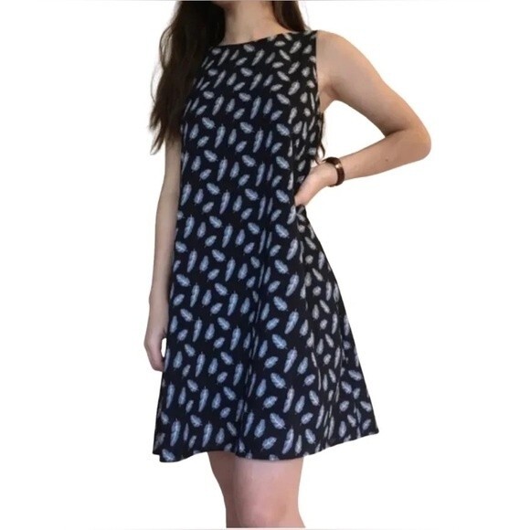 Anthropologie Philosophy black and aqua feather print open back dress size small - Picture 1 of 6